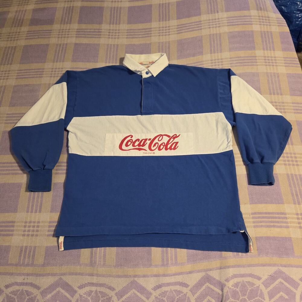 Vintage Coca Cola 80s Large Rugby Shirt Blue White Cotton Button Up 90s